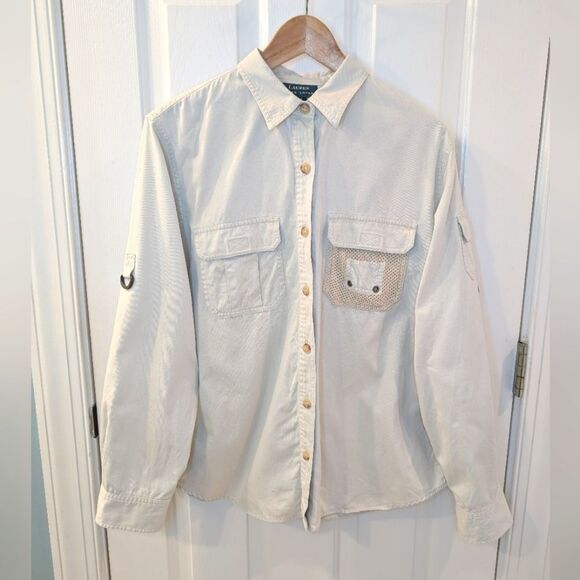 Vintage Lauren Ralph Lauren Women's Khaki Safari Shirt Large - Picture 11 of 11